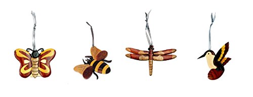 Book Cover SanAndCo Set of 4 Handmade Double Side Intarsia Wood Garden Critter Ornaments - Hummingbird Dragonfly Bee Butterfly