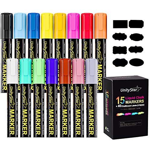 Book Cover Chalk Markers, UnityStar 15 Pack Bistro Chalkboard Markers with Reversible Bullet and Chisel Fine Tip, Erasable Ink & 40 Chalkboard Labels for Kids Classroom White Boards Art Menu