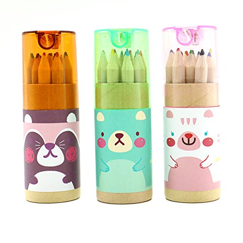 Book Cover Pomeat 3 Pack Cute Cartoon Bear Mini Drawing Colored Pencils with Sharpener, 3.5