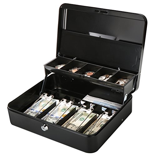 Book Cover Jssmst Large Cash Box with Lock - 2017 New Metal Money Box 100% Safe, 11.8L x 9.5W x 3.5H Inches, Black, SM-CB0501L