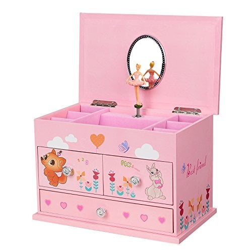 Book Cover SONGMICS Ballerina Musical Jewelry Box 3 Layers Jewel Storage Box for Girls Animals Pattern Pink UJMC004