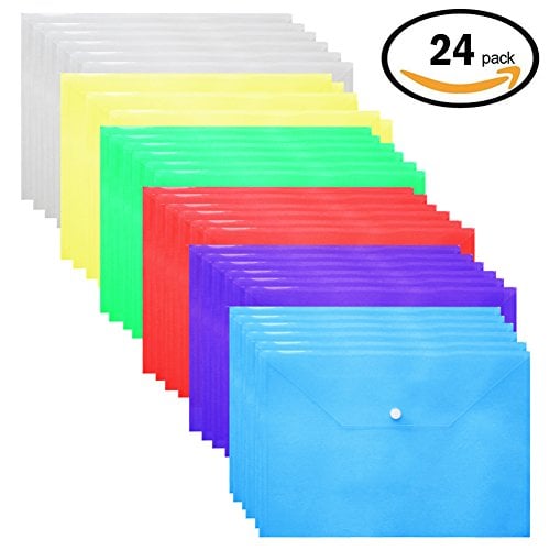 Book Cover Plastic Envelopes Poly Envelopes - 24 Pack Poly Folders With Snap Button Closure Plastic Folders Premium Quality Document Folder A4 Size 6 Assorted Colors