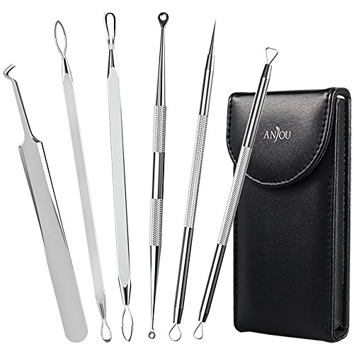 Book Cover Anjou Blackhead Remover Comedone Extractor, Curved Blackhead Tweezers Kit, 6-in-1 Professional Stainless Pimple Acne Blemish Removal Tools Set, Silver