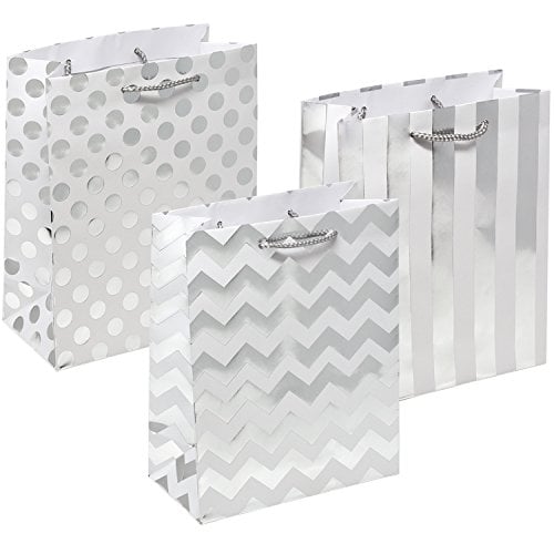Book Cover 12 Metallic Silver Gift Bags Medium Sized with Rope Handle Polka Dots, Stripes and Chevron Exquisite Designs for Bridesmaid Wedding Christmas Holiday Birthday