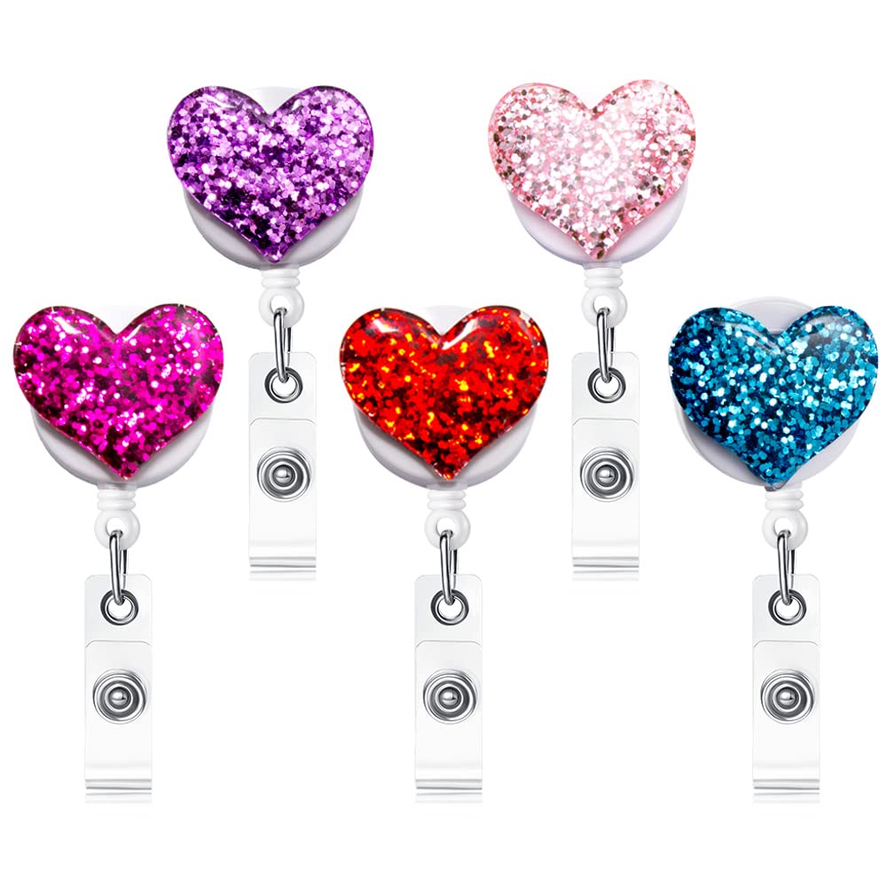 Book Cover Qinsuee Bling Popular Love Heart Retractable Badge Holder, ID Nurse Badge Reel with Alligator Swivel Clip, 5 Pack