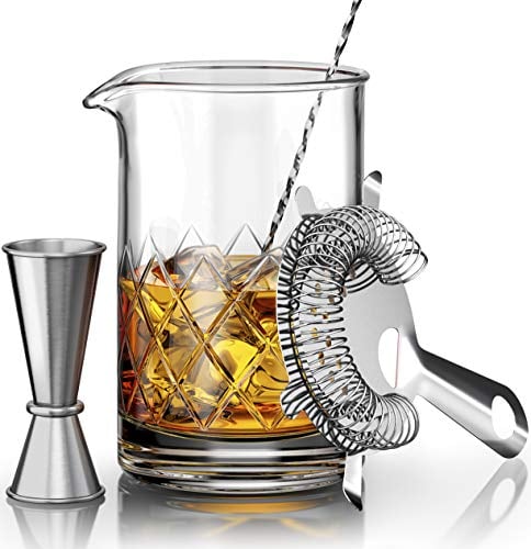 Book Cover Premium Crystal Cocktail Mixing Glass Set - Includes Mixing Spoon, Strainer, Jigger and 17oz 500ml Cocktail Glass - Sturdy, Thick Base - Perfect for Amateurs & Pros - Great Gift