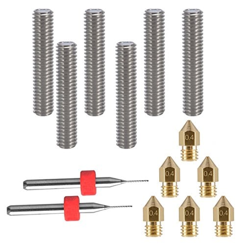 Book Cover EAONE 6pcs 30MM Length Extruder 1.75MM Tube and 6pcs 0.4MM Brass Extruder Nozzle Print Heads for MK8 Makerbot Reprap 3D Printers (Bonus: 2pcs Cleaning Drill Bits)