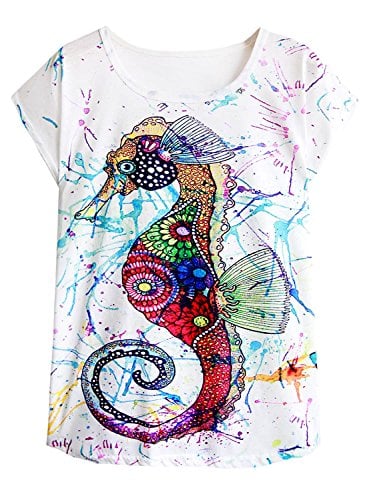 Book Cover futurino Women's Colorful Sea Horse Print Drop Sleeve T Shirt Tops
