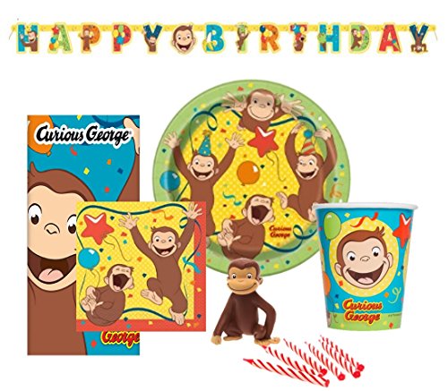 Book Cover Curious George Birthday Party Set Supplies for 8 - Dessert Plates, Cups, Napkins, Banner and Cake Topper with Birthday Candle Set