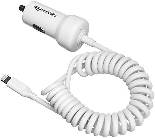 Book Cover Amazon Basics Coiled Cable Lightning Car Charger, 1.5 Foot, White
