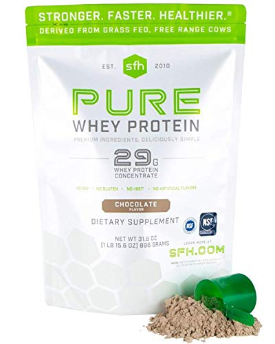 Book Cover SFH Pure Whey Protein Powder (Chocolate) by SFH | Best Tasting 100% Grass Fed Whey | All Natural | 100% Non-GMO, No Artificials, Soy Free, Gluten Free | 896g (Chocolate, 31.6 Ounce (Pack of 1))