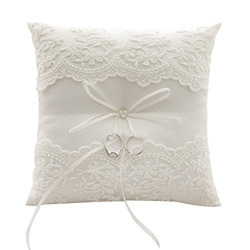 Book Cover Bodosac Awtlife Lace Pearl Wedding Ring Pillow Cushion Bearer 8.26 Inch for Beach Wedding