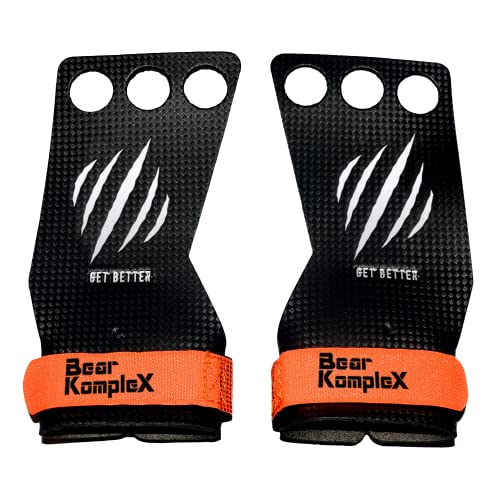 Book Cover Bear KompleX 3 & 2 Hole Carbon Hand Grips for Gymnastics & Crossfit, Pull-ups, Weight Lifting. WODs w, Wrist Straps. Comfort & Support-Hand Protection from Rips & Blisters. (Large, 3-Hole)