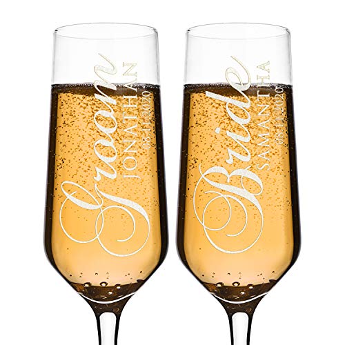 Book Cover P Lab Set of 2, Bride Groom Names & Date, Personalized Wedding Toast Champagne Flute Set, Wedding Toasting Glasses - Etched Flutes for Bride & Groom Customized Wedding Gift #N2