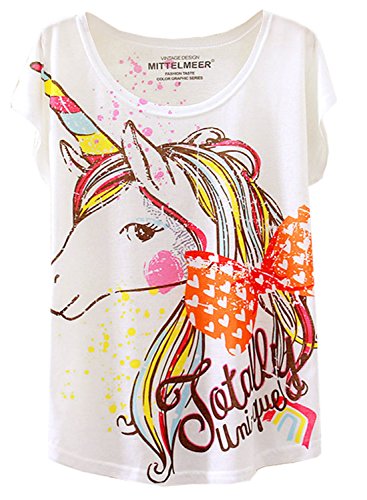 Book Cover Futurino Women's Summer Colorful Bow Tie Unicorn Print Short Sleeve T-Shirt Tops