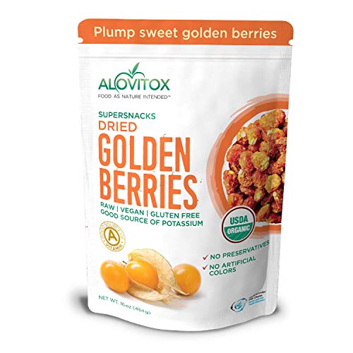 Book Cover Alovitox Organic Sun Dried Golden Berries 16 Oz - Raw, Vegan, Gluten Free Super Snack High in Smart Protein, Dietary Fiber, Vitamin A & C | Incan Gooseberries for Eating, Trail Mix, Smoothies and Salads