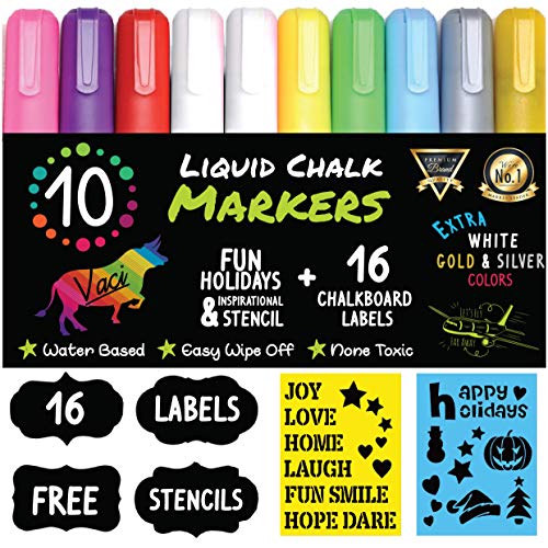 Book Cover Chalk Markers by Vaci, Pack of 10 + Drawing Stencils + 16 Labels, Premium Liquid Chalkboard Neon Pens, Including Gold, Silver and Extra White Ink, Bullet or Chisel Reversible Tips