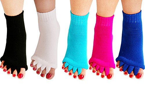 Book Cover Yoga Sports GYM Five Toe Separator Socks Alignment Pain Health Massage Socks,Prevent Foot Cramps,Hammertoes,Bunions,5Pairs-Black/White/SkyBlue/Rose/Royalblue
