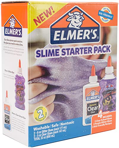 Book Cover Elmer’s Glue Slime Starter Kit, Clear School Glue & Purple Glitter Glue, 4 Count