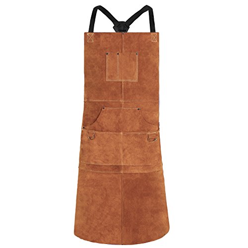 Book Cover QeeLink Leather Welding Apron with 6 Pockets - Heat & Flame-Resistant Apron, 24'' X 42'', Adjustable M to XXXL