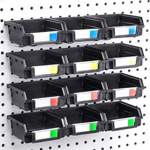 Book Cover Pegboard Bins - 12 Pack Black - Hooks to Any Peg Board - Organize Hardware, Accessories, Attachments, Workbench, Garage Storage, Craft Room, Tool Shed, Hobby Supplies, Small Parts