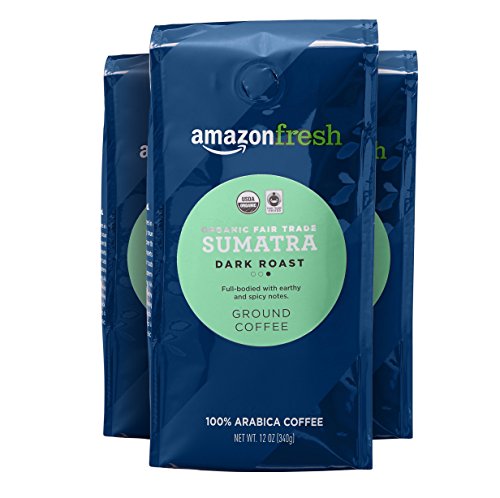 Book Cover AmazonFresh Organic Fair Trade Sumatra Ground Coffee, Dark Roast, 12 Ounce (Pack of 3)