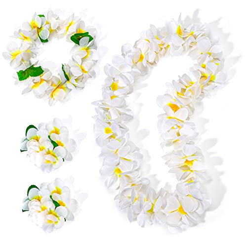 Book Cover LovesTown 4 PCS Hawaiian Lei Set, White Luau Wreath Garland Hawaii Leis Flower Headpiece Necklace Bracelet Birthday Holiday Party Favor