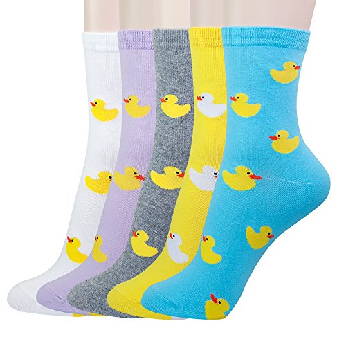 Book Cover KONY 5 Pack Women's Cute Animal Socks Cotton Cat Dog Duck Patterned Novelty Fun Crew Socks Gift Size 6-9