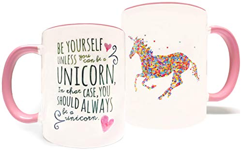 Book Cover Be Yourself Unless You Can Be A Unicorn - 11 fluid ounce Grade A Quality Ceramic Two Tone Pink / White Ceramic Mug / Cup - Perfect Funny / Inspirational Gift - Foam Gift Box Included