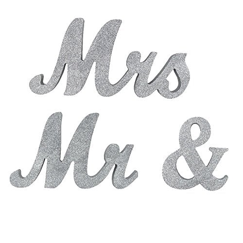 Book Cover DerBlue Vintage Exquisite Silver Glitter Mr & Mrs Signs Elegnat Wooden Freestanding Letters for Wedding Sweetheart Table or Receptions Table Decorations
