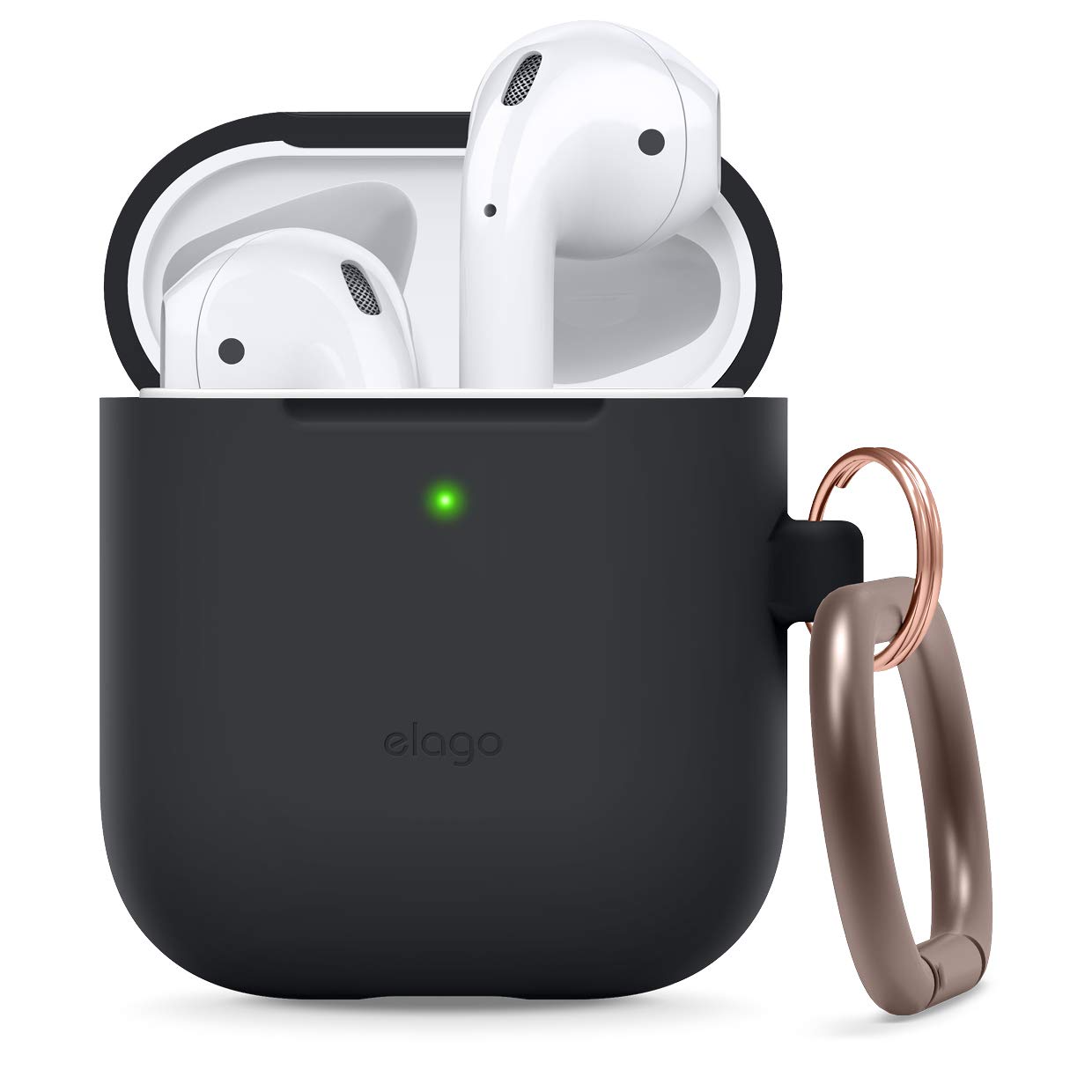 Book Cover elago Silicone Case with Keychain Compatible with Apple AirPods Case 1 & 2, Front LED Visible, Supports Wireless Charging, Protective Silicone [Black]