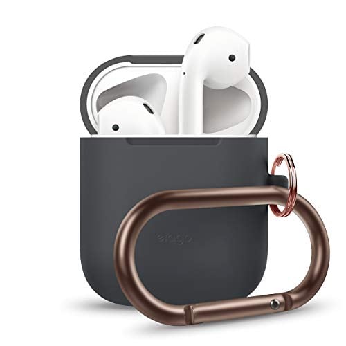 Book Cover elago AirPods Hang Case [Dark Grey] - [Compatible with Apple AirPods 1 & 2; Front LED Not Visible][Supports Wireless Charging][Extra Protection] [Added Carabiner] - for AirPods 1 & 2
