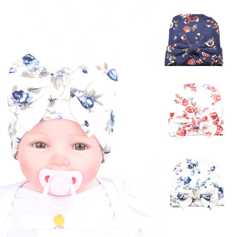 Book Cover Ademoo Newborn Baby Girls Nursery Beanie Hospital Hat with Bow (Floral Bow 3 Colors/ 0-3 Month)