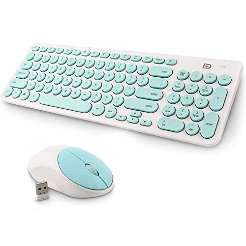 Book Cover Wireless Keyboard and Mouse Combo, FD iK6630 2.4GHz Cordless Cute Round Key Set Smart Power-Saving Quiet Slim Combo for Laptop, Computer,TV and Mac (Mint Green & White)
