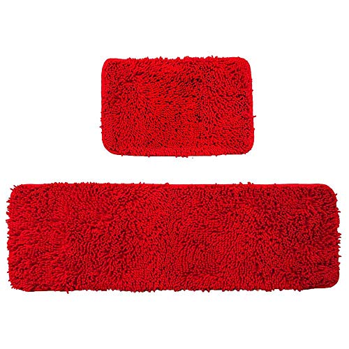 Book Cover Wolala Home 2 pcs Sets Strong Absorbent Non-Slip Kitchen Rug and Carpet Super Soft Chenille Shaggy Latex Backing Solid Home Decorator Small Floor Mats (16''x24''+16''x47'', Red)