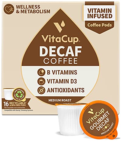 Book Cover VitaCup Decaf Coffee Pods, Medium Roast w/ Resveratrol, B Vitamins, D3 for Wellness & Metabolism in Single Serve Pods Compatible with Keurig K-Cup Brewers, 16 Count