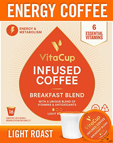 Book Cover VitaCup Breakfast Blend Energy Blend Coffee Pods 16ct | Keto | Paleo | Whole30 | Vitamins B15, B5, B6, B9, B12, D3 | Compatible with K-Cup Brewers Including Keurig 2.0 | Light Roast