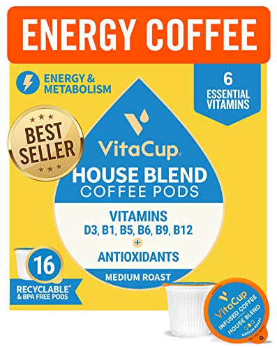 Book Cover VitaCup Gourmet House Energy Blend Coffee Pods 16ct | Keto | Paleo | Whole30 | Vitamins B1, B5, B6, B9, B12, D3 | Compatible with K-Cup Brewers Including Keurig 2.0 | Medium Roast