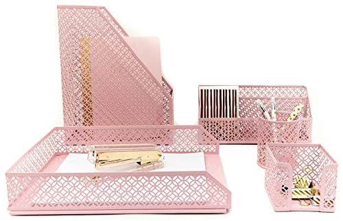 Book Cover Blu Monaco Office Supplies Pink Desk Accessories for Women-5 Piece Desk Organizer Set-Mail Sorter, Sticky Note Holder, Pen Cup, Magazine Holder, Letter Tray-Pink Room Decor for Women and Teen Girls