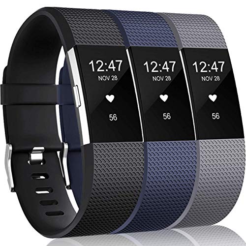 Book Cover Wepro Bands Replacement Compatible with Fitbit Charge 2 for Women Men Large, 3 Pack Sports Watch Band Strap Wristband Compatible with Fitbit Charge2 HR Fitness Tracker, Black/Gray/Navy Blue