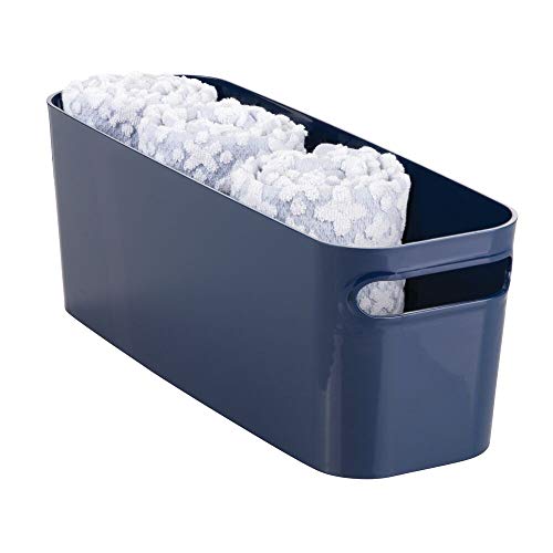 Book Cover mDesign Large Plastic Toilet Paper Roll Holder Bin - Organizer Tote Basket with Handles for Bathroom, Vanity/Under Sink Storage - Navy Blue