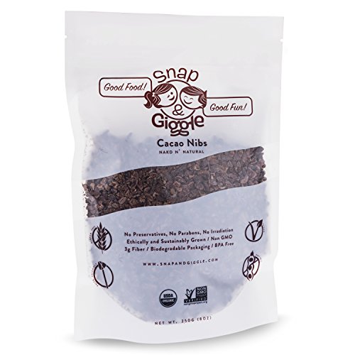 Book Cover Snap and Giggle Raw Organic Cacao Nibs, Sugar Free Chocolate Chips, Excellent for Keto, Paleo, and Vegan Snacks, Natural Flavor, High in Fiber, Magnesium, and Iron, 226 Grams