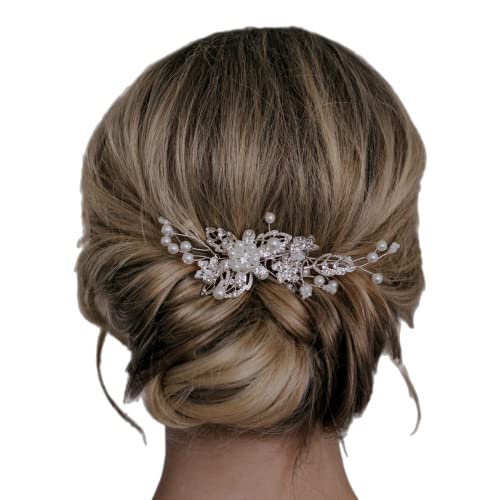 Book Cover SWEETV Bridal Hair Comb Clip Pin Rhinestone Pearl Wedding Hair Accessories for Bride Bridesmaid, Silver