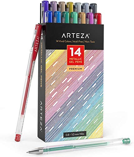 Book Cover Arteza Metallic Gel Pens 14-Individual-Colors - Triangular Grip - (0.8-1.0 mm Tips, Set of 14)