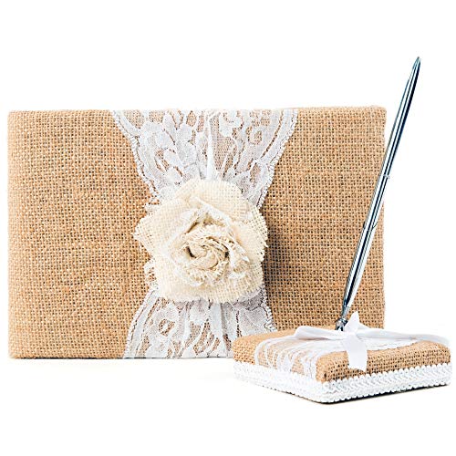 Book Cover Rustic Wedding Guest Book Made of Burlap and Lace - Includes Burlap Pen Holder and Silver Pen - 120 Lined Pages for Guest Thoughts - Comes in Gift Box (White Rose)