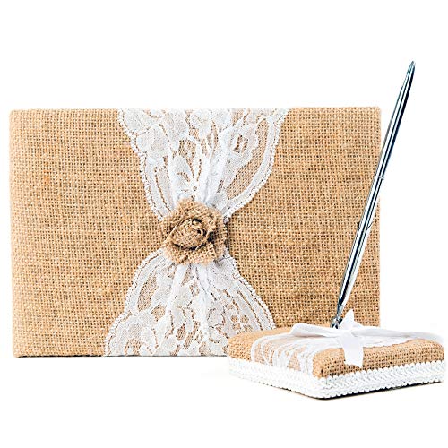 Book Cover Rustic Wedding Guest Book Made of Burlap and Lace - Includes Burlap Pen Holder and Silver Pen - 120 Lined Pages for Guest Thoughts - Comes in Gift Box (Burlap Flower)