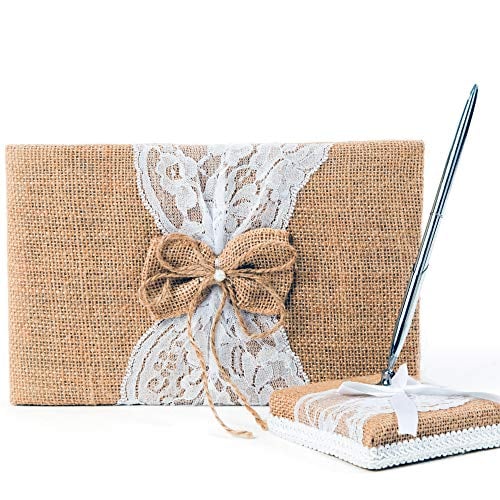 Book Cover Rustic Wedding Guest Book Made of Burlap and Lace - Includes Matching Pen Holder and Silver Pen - 120 Lined Pages for Guest Thoughts - Comes in Gift Box (Burlap Bow with Pearl Center)