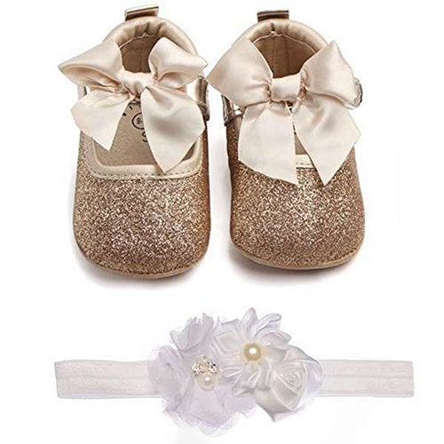 Book Cover Lidiano Baby Girls Glitter Sequins Sparkly Bling Bowknot Anti-Slip Mary Jane Flat Crib Shoes & Headband (12-18 Months, Gold)