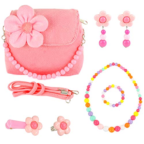 Book Cover CMK TRENDY KIDS Kids Plush Flower Handbag Set with Hair Clip + Necklace + Bracelet + Earrings + Ring Small Purse for Little Girls and Toddlers (82000_Pink)