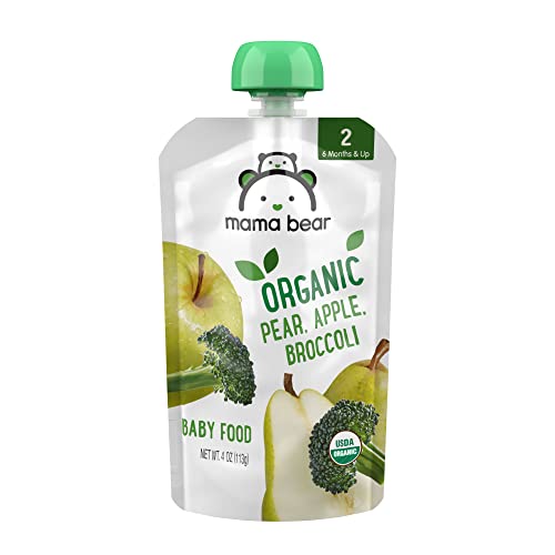 Book Cover Amazon Brand - Mama Bear Organic Baby Food, Stage 2, Pear Apple Broccoli, 4 Ounce Pouch (Pack of 12)
